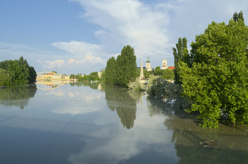 View of Flooded Gyor Town at Sunset