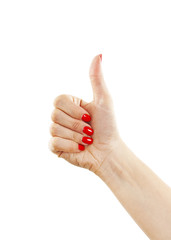 Hand with thumb up. Ok sign by woman on white