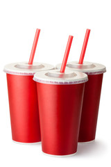 Three red cardboard cups with a straws - 53853459