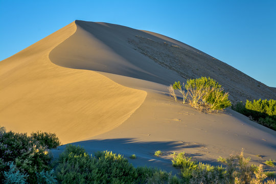 Sand dune at sunrise and blue sky