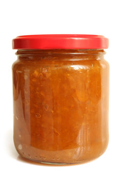 Cloudberry jam in glass jar