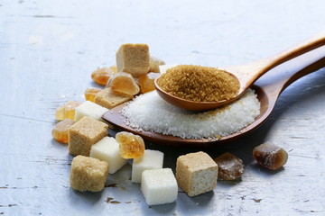 Various kinds of sugar, brown, white and refined sugar