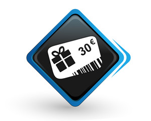icône carte cadeau 30 euros sur bouton carré bleu