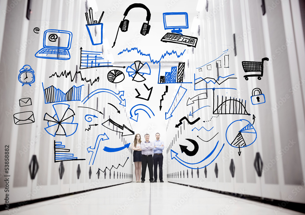 Aufkleber employees in a data center standing in front of drawings