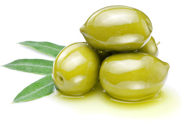Green olives with leaves