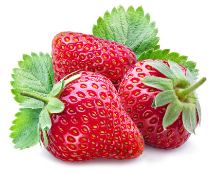 Three ripe strawberries with leaves.