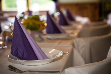 Wedding table setting at a banquet