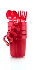 Obraz premium Red plastic cup and white background