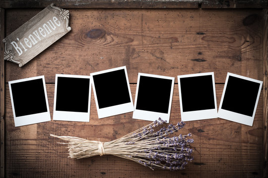 Polaroid, Fotorahmen auf Holz mit Lavendel und französischem Wi