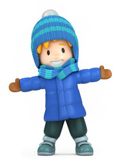 3D render of a happy boy wearing winter clothes