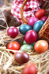 Traditional colored eggs with basket