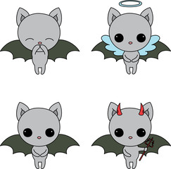 Four icons of little cute bat with different emotions
