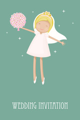 Joyful dancing bride with bouquet. Blue wedding invitation