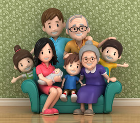 3D render of grandparents with grandchildred