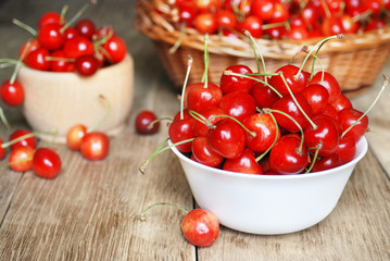 Bowl with cherries on the wooden table