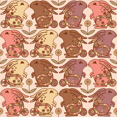 Seamless pattern with bunnies and flowers