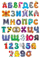 Meubelstickers Alfabet Russisch alfabet met grappige monsters