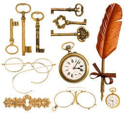set of vintage accessories. antique keys, clock, ink feather pen