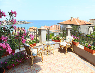 Beautiful patio surrounded by flowers