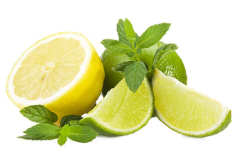Lime,lemon and fresh leaves of mint on white