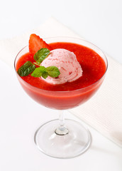 Ice cream with strawberry sauce