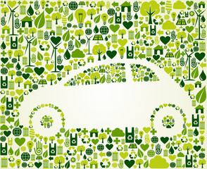 Green car with eco icons set