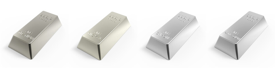 Set of valuable metals ingots on white. 3D photo rendering.