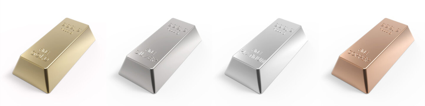 Set of valuable metals ingots on white. 3D photo rendering.