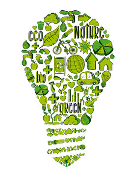 Green light bulb with environmental icons