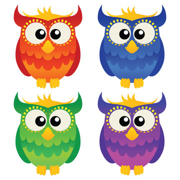 Set of four cute cartoon owls