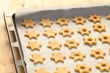 Baking cookies for Christmas. Cookies on baking sheet.