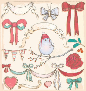Hand Drawn Vintage Holiday Bird, Ribbons and Bows Vector Set