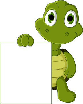 cute turtle cartoon holding blank sign