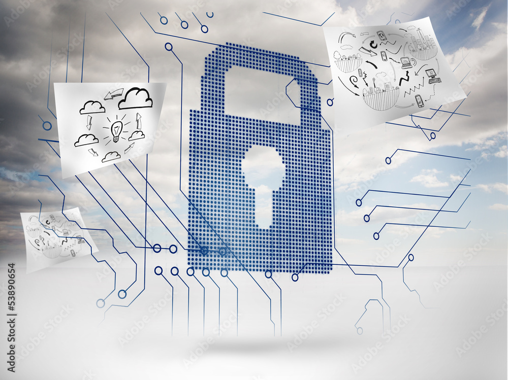 Aufkleber Big padlock with circuit board and drawings floating around