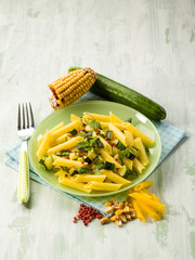 maize pasta with zucchinis and pink pepper