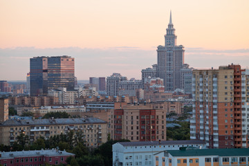 Moscow urban skyline with pink sunset