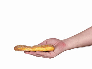 Hands hold bread isolated on white.