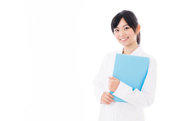 attractive asian doctor on white background