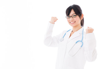 attractive asian doctor cheering on white background