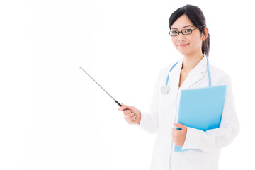 attractive asian doctor teaching on white background