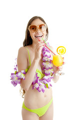 Hawaii woman in bikini wearing flower lei garland of pink orchid