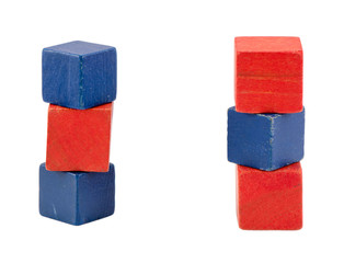 red blue color toy log blocks stand on white