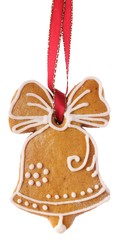 Christmas gingerbread cookie hanging on white background