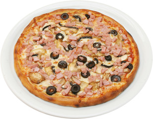Pizza Franciscana with tomatoes cheese ham  isolated