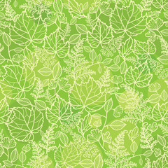 Vector green leaves lineart seamless pattern background with