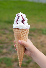 Ice cream in hand on natural green background