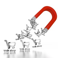 3d graphic of a shopping web shop symbol attracted by an magnet