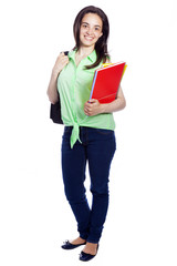 Happy female student smiling - isolated over a white background