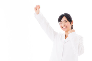 attractive asian doctor cheering on white background