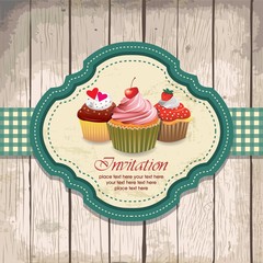 illustration of vintage retro frame with cupcakes design